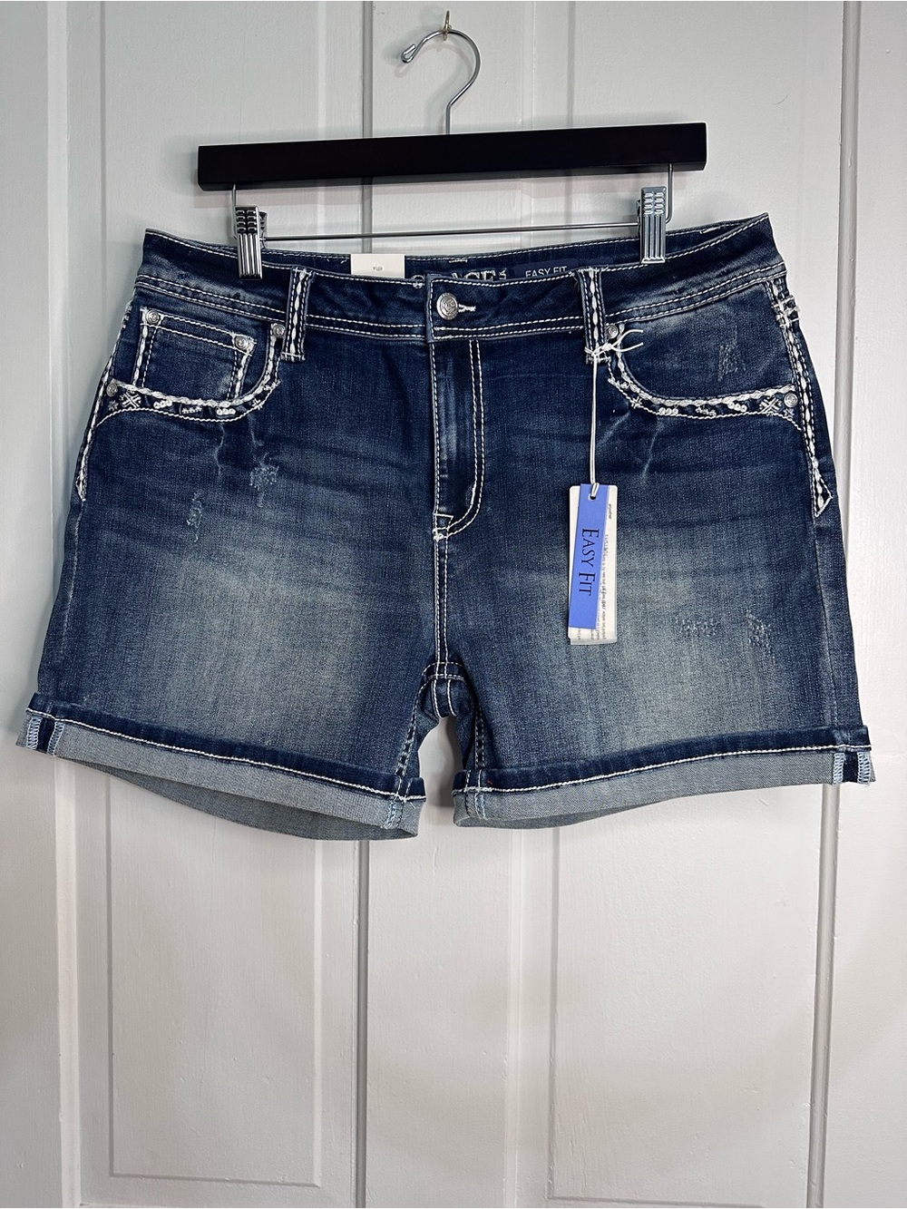 Grace in LA Easy Fit Womens Bermuda Denim Shorts 34 Mid Rise Sequin Pockets Blue